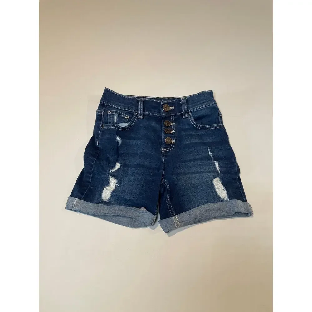 Justice Girls Cuffed Jean Shorts – Size 12 Black Denim Distressed Button Closure
